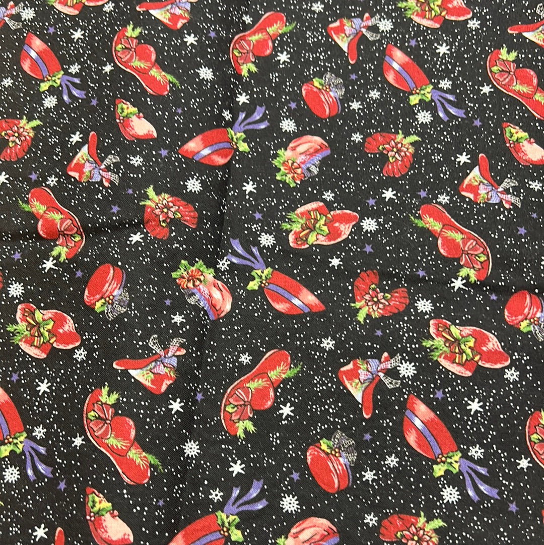 Red hat fabric with a Christmas theme ￼